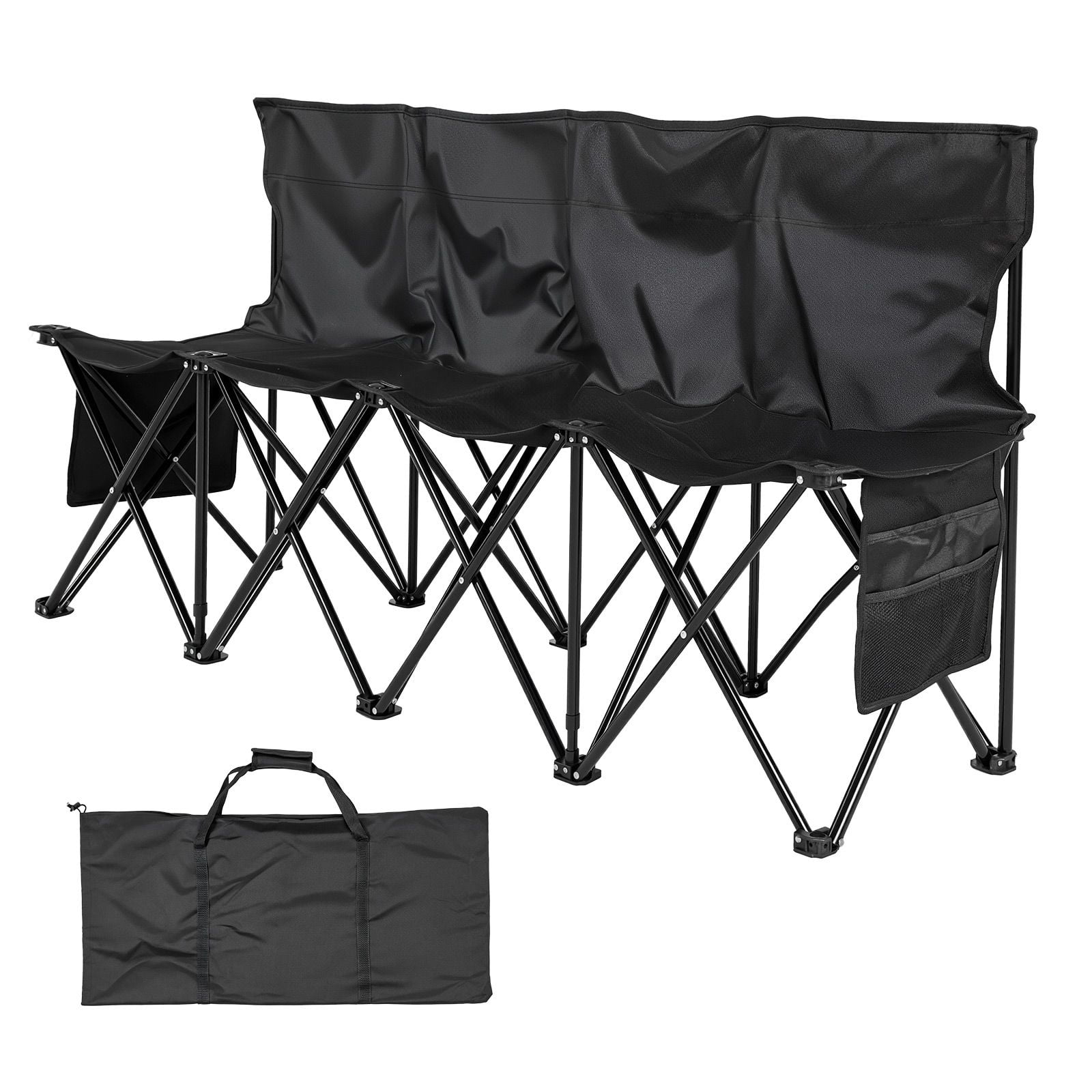 4 Person Portable Folding Sports Bench with Backrest, 4-Seat Foldable Soccer Sideline Bench Black with Side Storage Pockets Carry Bag, 600D Oxford Outdoor Team Bench for Football Camping Events