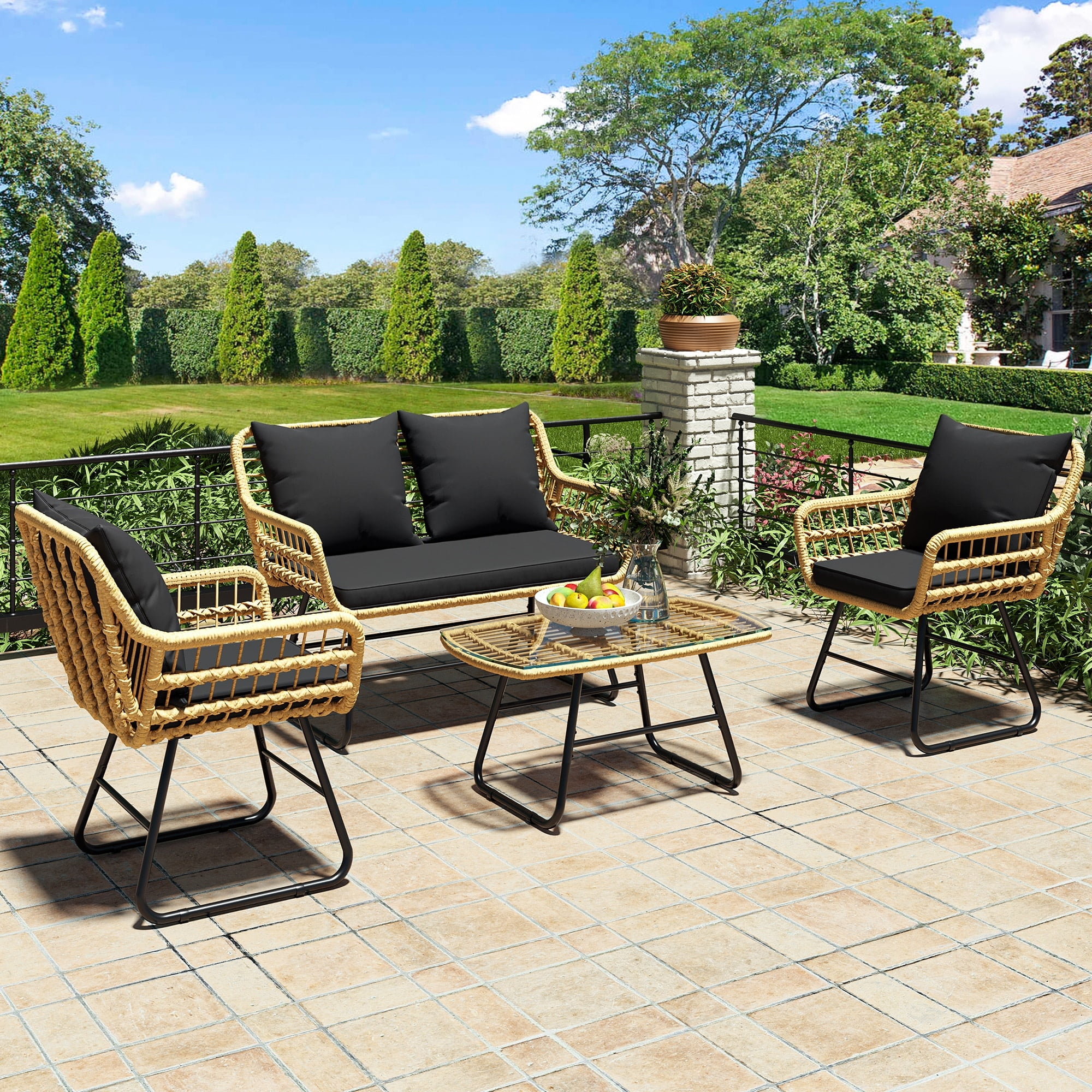 Light Brown and Black Wicker Rattan Outdoor Bistro Set with Glass Table