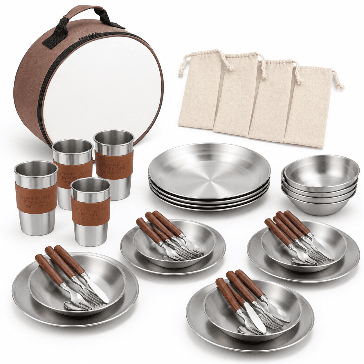 Tmess Kit 4 Person Set Stainless Steel Camping Mess Kit with Carrying Bag ...