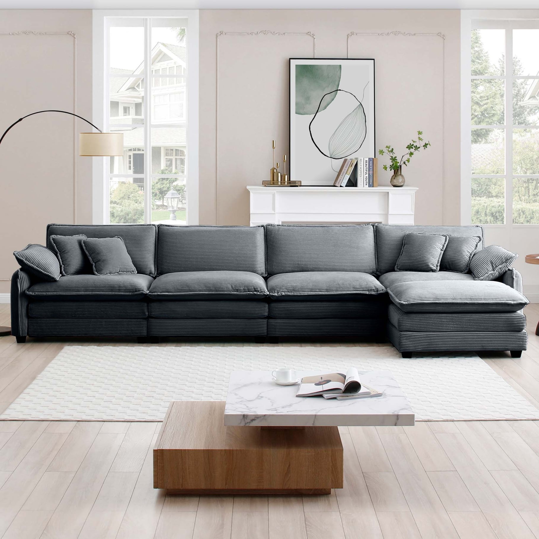 4 Person Sofa Upholstered Couches for Living Room with 1 Footstool and 4 Throw Pillows 4 Seat Sofa for Living Room Apartment Office Apartmen Gray