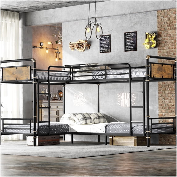 4 Person Triple Twin Bunk Bed, Heavy Duty Convertible Metal Frame with Wood Accent, Detachable Space Saving Design for Home, Dormitory, Black