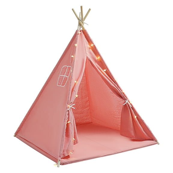 4-Person Waterproof Tent for Kids, Soft Cotton and Linen Teepee with Star Light String, Comfortable Mat, and Sturdy Wood Poles for Home Play or Sleepovers