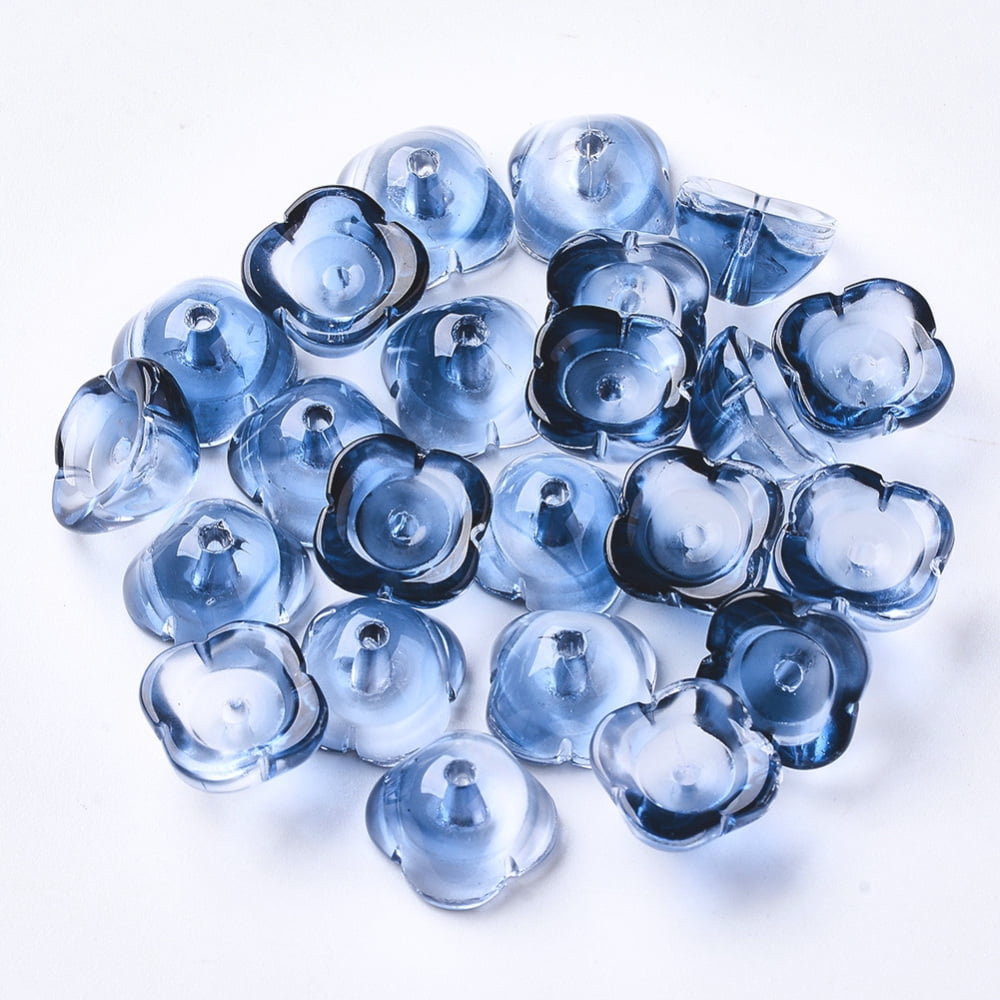 4-Petal Two Tone Transparent Spray Painted Glass Fancy Bead Caps Flower Marine Blue 11.5x11.5x7mm Hole: 1.6mm