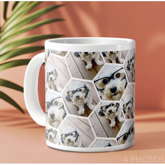 4 Photo Collage Funky Hexagon Pattern Giant Coffee Mug, Bekilab, Bekilab Ceramic Coffee Mug, 11oz 15oz Gift