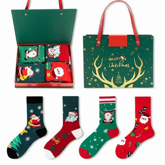 4 Pices Women's Christmas Socks Set,Novelty And Cute Xmas Socks Gift Box,Funky Crew Socks For Women With Gift Box