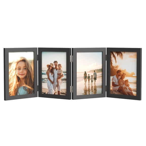 4 Picture Frame, 4x6 Four Folding Hinged Photo Frames, Rustic Wood Desk Family Photo Collage Stand Vertical on Tabletop for Birthday Family Lover Gift (Black)