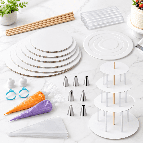 4-Piece 10/8/6/4 Inch White Cake Tier Stacking Kit with Baking Accessories
