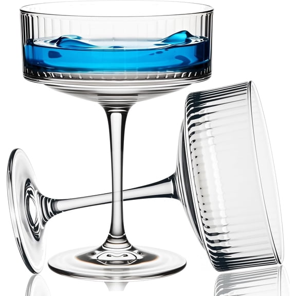 4 Piece 10 Oz Ribbed Coupe Glass Set Lead Free Crystal Cocktail Drinkware