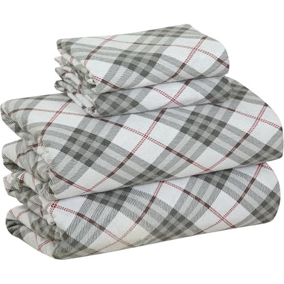 4 Piece 100% Cotton Flannel Sheets Twin Size Bed Set - Warm & Extra Soft - Deep Pockets, Breathable, All Seasons Comfy - Double Brushed Bed Sheet (Red Check)