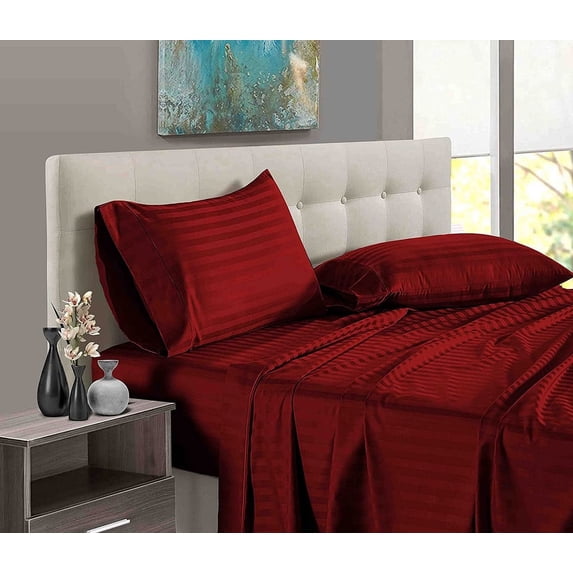 4 Piece 100% Egyptian Cotton Bed Sheets Set - Luxury Soft & 600TC Sheets - Deep Pocket of 12" Inch - Hotel Style Silky Bedding Collection - Burgundy Stripe, Cal-King Size.