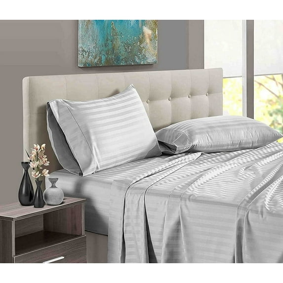 4 Piece 100% Egyptian Cotton Bed Sheets Set - Luxury Soft & 600TC Sheets - Deep Pocket of 12" Inch - Hotel Style Silky Bedding Collection - Light Grey Stripe, Twin-XL Size.