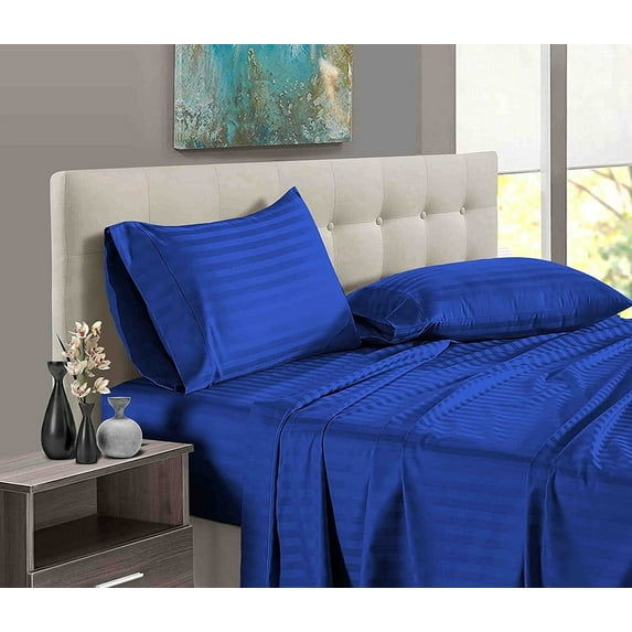 4 Piece 100% Egyptian Cotton Bed Sheets Set - Luxury Soft & 600TC Sheets - Deep Pocket of 12" Inch - Hotel Style Silky Bedding Collection - Royal Blue Stripe, Twin-XL Size.