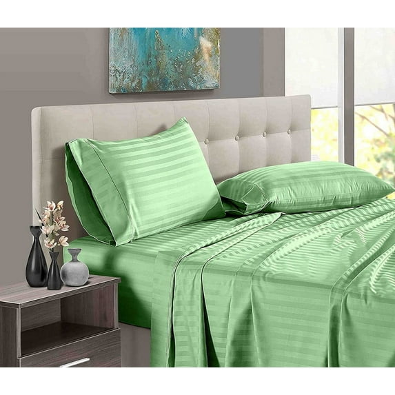 4 Piece 100% Egyptian Cotton Bed Sheets Set - Luxury Soft & 600TC Sheets - Deep Pocket of 12" Inch - Hotel Style Silky Bedding Collection - Sage Stripe, Twin-XL Size.