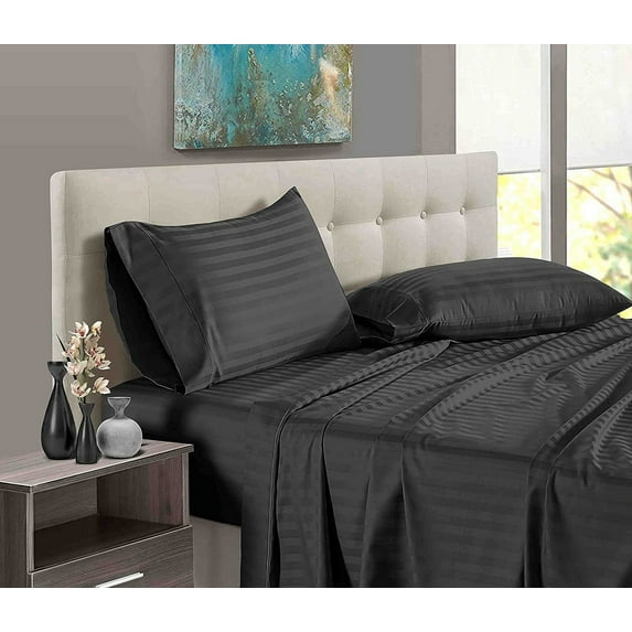 4 Piece 100% Egyptian Cotton Bed Sheets Set - Luxury Soft & 600TC Sheets - Deep Pocket of 16" Inch - Hotel Style Silky Bedding Collection - Dark Grey Stripe, Full Size.