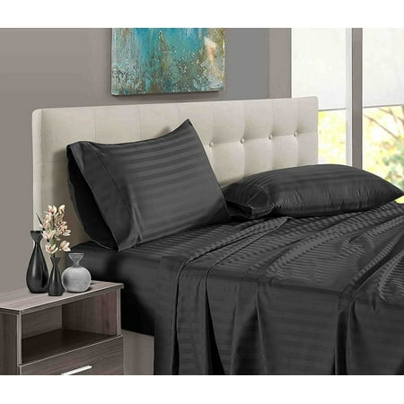 4 Piece 100% Egyptian Cotton Bed Sheets Set - Luxury Soft & 600TC Sheets - Deep Pocket of 18" Inch - Hotel Style Silky Bedding Collection - Dark Grey Stripe, Cal-King Size.