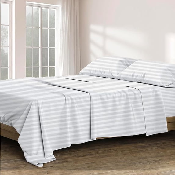 4 Piece 100% Egyptian Cotton Sheets 800 Thread Count Hotel Quality Smooth & Soft Bedding Sheet Set Twin XL Size - 15" Inch Deep Pocket - White Stripe