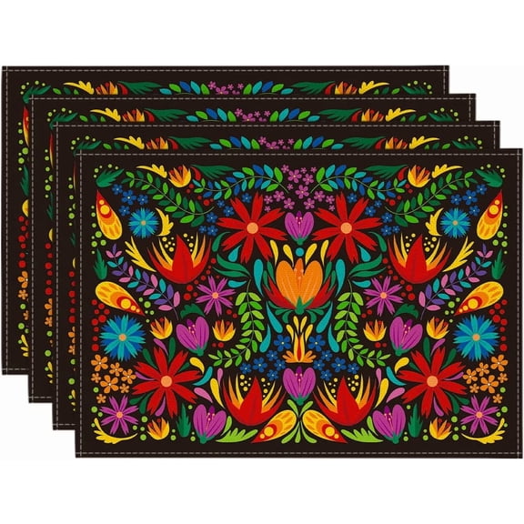 4 Piece 12x18 Inch Mexican Floral Fiesta Placemat Set Washable Table Mat