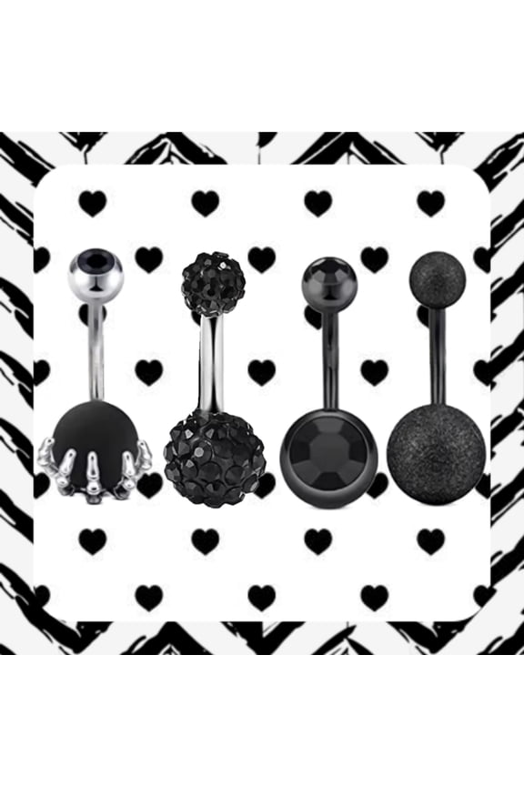 4-Piece 14G Black Belly Button Rings Set, Stainless Steel Navel Piercing Jewelry - Crystal Designs