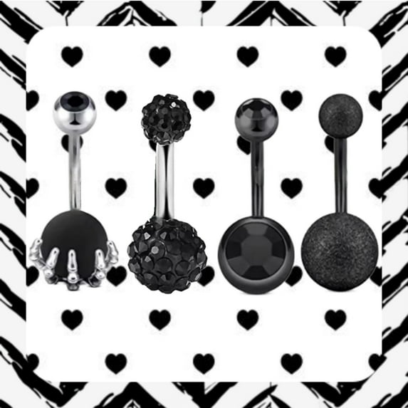 4-Piece 14G Black Belly Button Rings Set, Stainless Steel Navel Piercing Jewelry - Crystal Designs