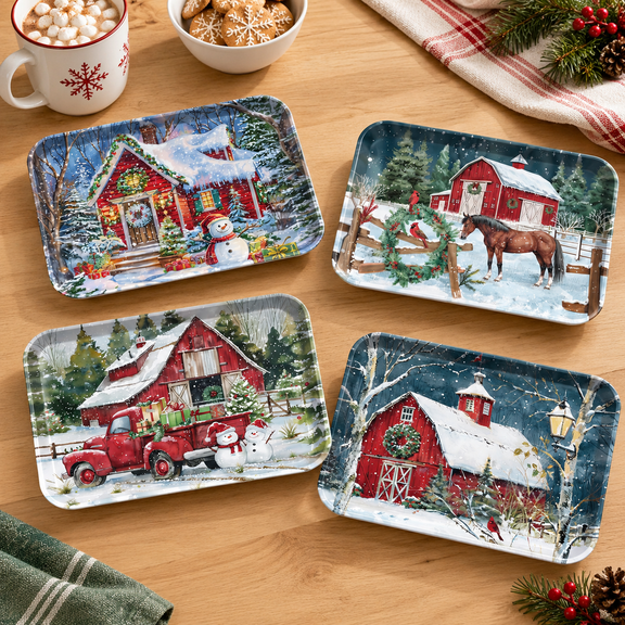 4-Piece 15 x 11 Inch Holiday Serving Tray Set with Barn and Snowman Designs