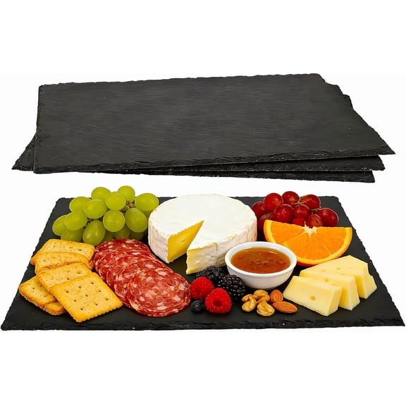 4-Piece 16-Inch by 12-Inch Natural Slate Cheese Board Tray Set for Charcuterie, Sushi, Fruit, Meat, Parties, or Gifts
