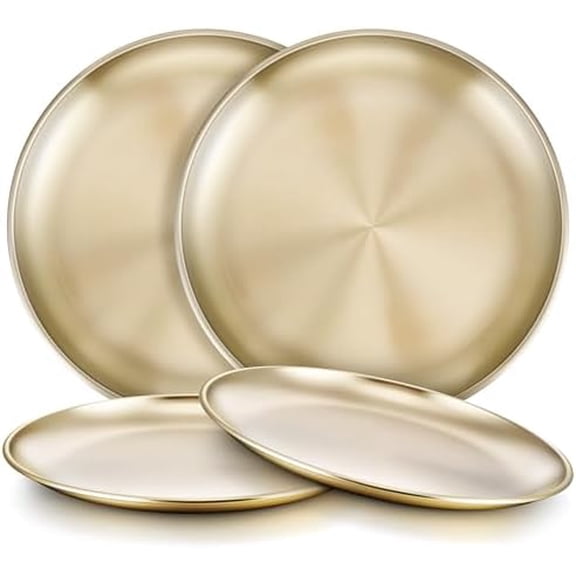 4-Piece 18/8 Stainless Steel Plates, Metal 304 Dinner Dishes for Kids Toddler Children, 8 Inch Feeding Serving Camping Plate, Reusable Dinnerware, Unbreakable & Non-toxic, Dishwasher Safe, Gold