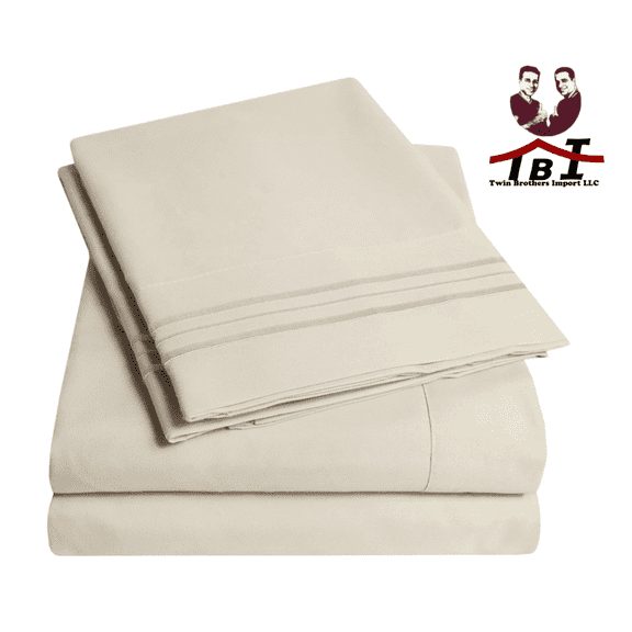 4-Piece 1800 Thread Count 95 GSM Beige 3 Lines Embroidery Microfiber Bed Sheet Set, Full Size - Deep Pocket, Wrinkle Free, Breathable