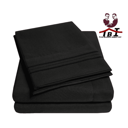 4-Piece 1800 Thread Count 95 GSM Black 3 Lines Embroidery Microfiber Bed Sheet Set, Full Size - Deep Pocket, Wrinkle Free, Breathable