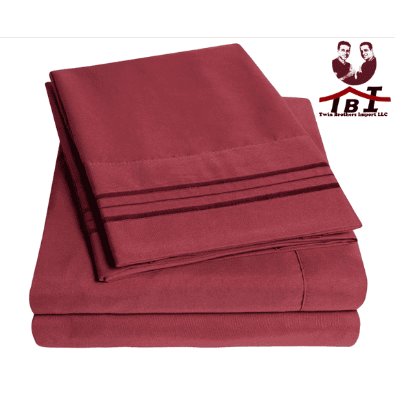 4-Piece 1800 Thread Count 95 GSM Burgundy 3 Lines Embroidery Microfiber Bed Sheet Set, Full Size - Deep Pocket, Wrinkle Free, Breathable
