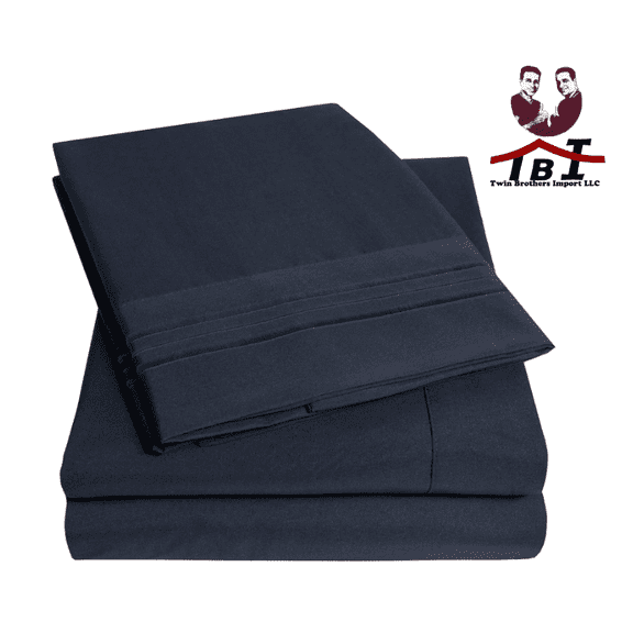 4-Piece 1800 Thread Count 95 GSM Navy 3 Lines Embroidery Microfiber Bed Sheet Set, Full Size - Deep Pocket, Wrinkle Free, Breathable