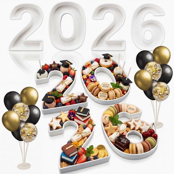 4-Piece 2026 Letter Ceramic Charcuterie Serving Tray Set  White Reusable Alphabet Food Platters for Graduation Party Decor