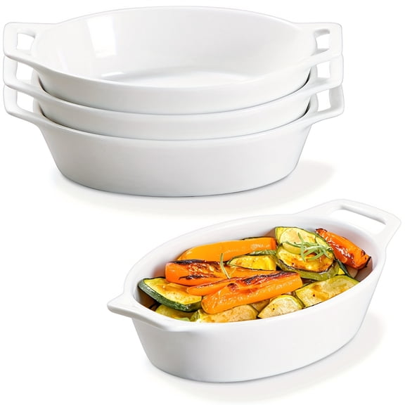 4-Piece 20oz White Oval Ceramic Au Gratin Baking Dishes with Handles - Oven & Microwave Safe Individual Casserole Pans