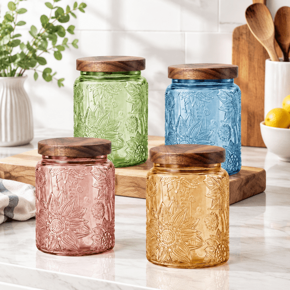 4-Piece 24 Oz Sunflower Glass Food Storage Jars Set With Airtight Wood Lids