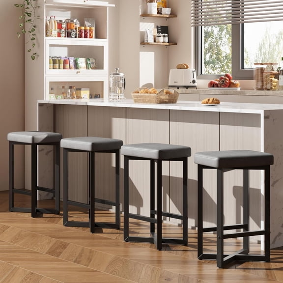 4 Piece 25 Inch Counter Height Backless Stool Set PU Leather Upholstered Seats Metal X Frame with Footrest Modern Kitchen Island Dining Stools Gray