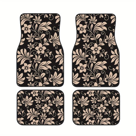4-Piece 2d Flat Floral Pattern Printed Rows Are Fully Car Floor Mats, Universal Fit Polyester All Weather Auto Floor Liners for Cars Trucks Suvs, Anti-Slip Easy Clean Interior Set