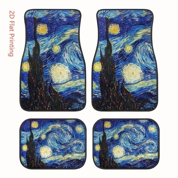4-Piece 2d Flat Premium Starry Moon Night Pattern 3d Car Floor Mats, Universal Fit Polyester All Weather Auto Floor Liners for Cars Trucks Suvs, Anti-Slip Easy Clean Interior Set