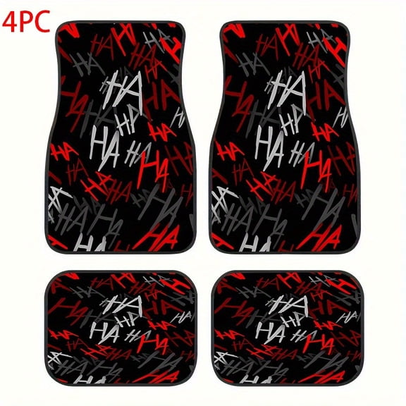 4-Piece 2d Flat Red Black Ha Graffiti Pads Trendy Car Floor Mats, Universal Fit Polyester All Weather Auto Floor Liners for Cars Trucks Suvs, Anti-Slip Easy Clean Interior Set