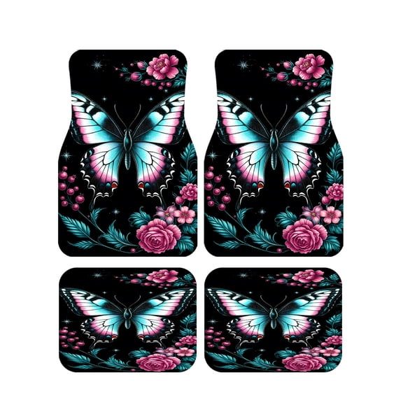 4-Piece 2pcs of a 2d Dream Butterfly Flower Symbiotic Car Floor Mats, Universal Fit Polyester All Weather Auto Floor Liners for Cars Trucks Suvs, Anti-Slip Easy Clean Interior Set