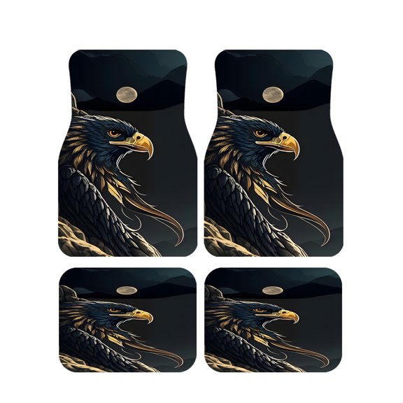 4-Piece 2pcs Night Eagle Wildlife Print Dark Nature Style Car Floor Mats, Universal Fit Polyester All Weather Auto Floor Liners for Cars Trucks Suvs, Anti-Slip Easy Clean Interior Set