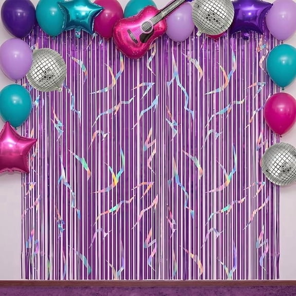 4 Piece 3.2 x 6.5 Feet Iridescent Holographic Laser Foil Fringe Backdrop Purple Lightning Y2K Party Decoration