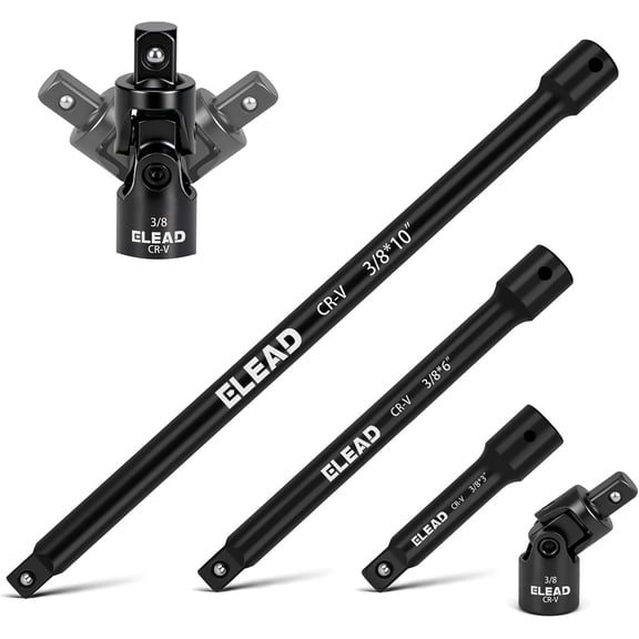 4-Piece 3/8" Drive Socket Extension Bar Set, 3, 6, 10 inch Professional Extension Set, 3/8 Inch Drive Universal Joint Socket, Premium Cr-V Steel Sockets Wrench Extender