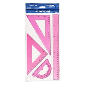 4-Piece 30cm Triangular Ruler Set, Plastic Metric Inch Geometric Protractor Drafting Kit for Home, Pink