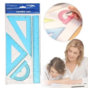 4-Piece 30cm Triangular Ruler Set, Plastic Metric Inch Geometric Protractor Drafting Kit for Home, Sky Blue