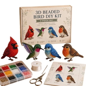 4-Piece 3D Beaded Bird Making Kit, All-Inclusive Beading Set with Instructions, Create 4 Lifelike Bird Figurines, Calming Hobby for All Skill Levels (A)