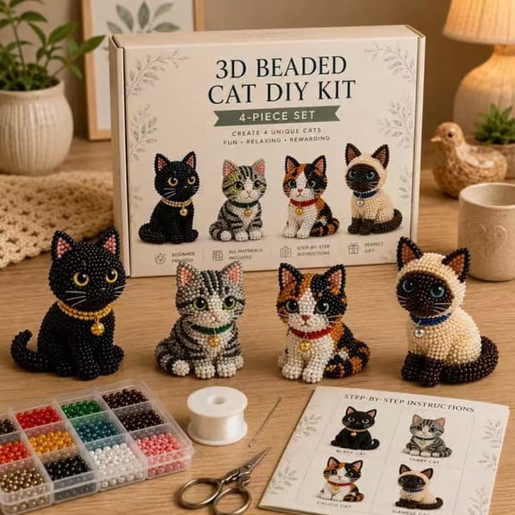 4-Piece 3D Beaded Cat DIY Kit, Easy Beading Craft Set with Black, Tabby, Calico and Siamese Cat Designs, Handmade Bead Art Kit for Adults and Beginners