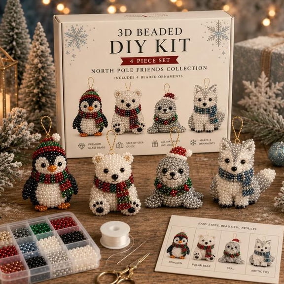 4-Piece 3D Beaded Christmas Ornament DIY Kit for Collectors, Intricate Glass Bead Art Set for Customizing Your Holiday Season (North Pole)