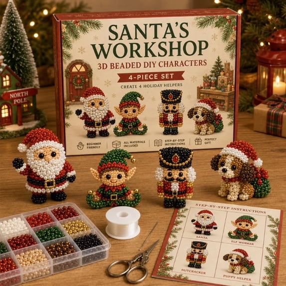 4-Piece 3D Beaded Santa's Workshop DIY Kit for Family Bonding, Relaxing Holiday Craft Activity & Festive Decor