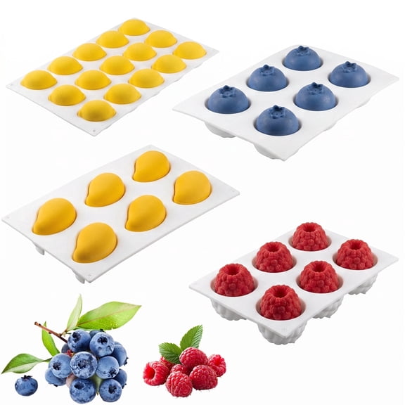 4-Piece 3D Fruit Silicone Mold Set, 15-Cavity Lemon & 6-Cavity Blueberry, Raspberry, Mango Baking Molds