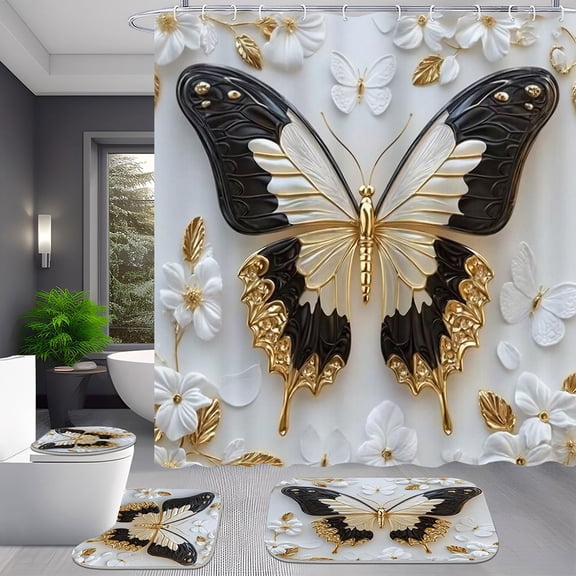 4-Piece 3D Platinum Butterfly Shower Curtain Set for Home Decor