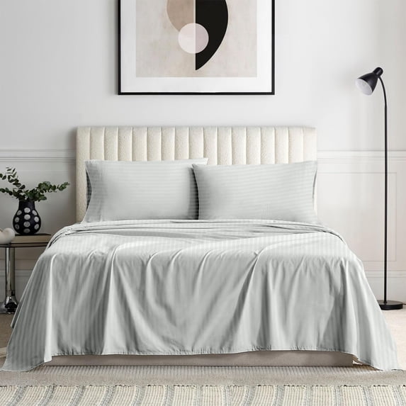 4-Piece 500 Thread Count Egyptian Cotton Sheet Set, Full Size - Breathable, Cooling, Fits 7-9 Inch Deep Pocket – Stripe Silver Grey